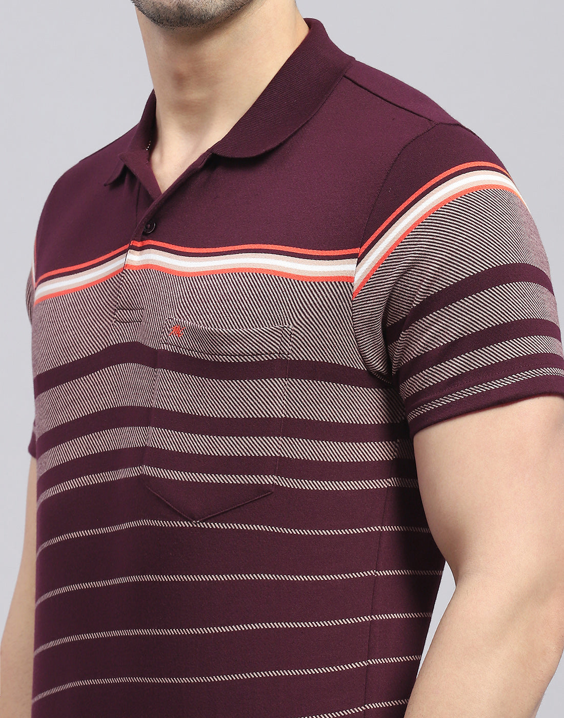 Men Burgundy Stripe Polo Collar Half Sleeve T-Shirt