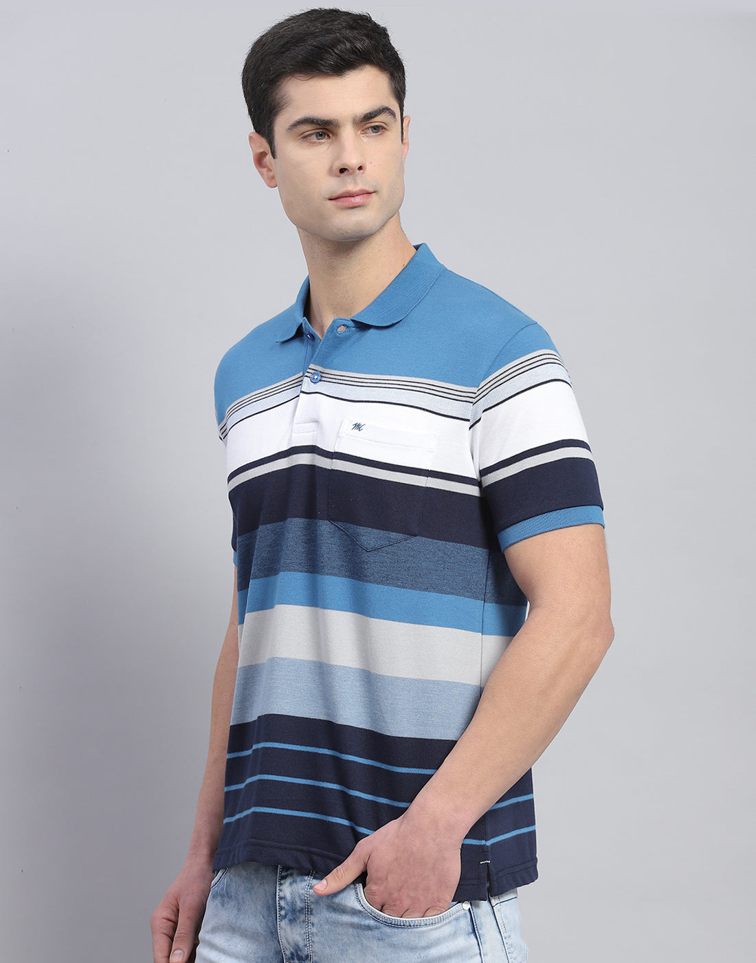 Men Blue Stripe Polo Collar Half Sleeve T-Shirt