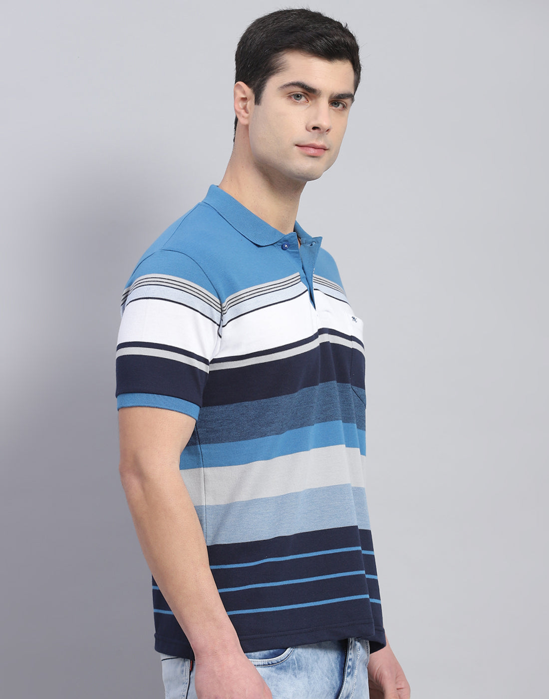 Men Blue Stripe Polo Collar Half Sleeve T-Shirt