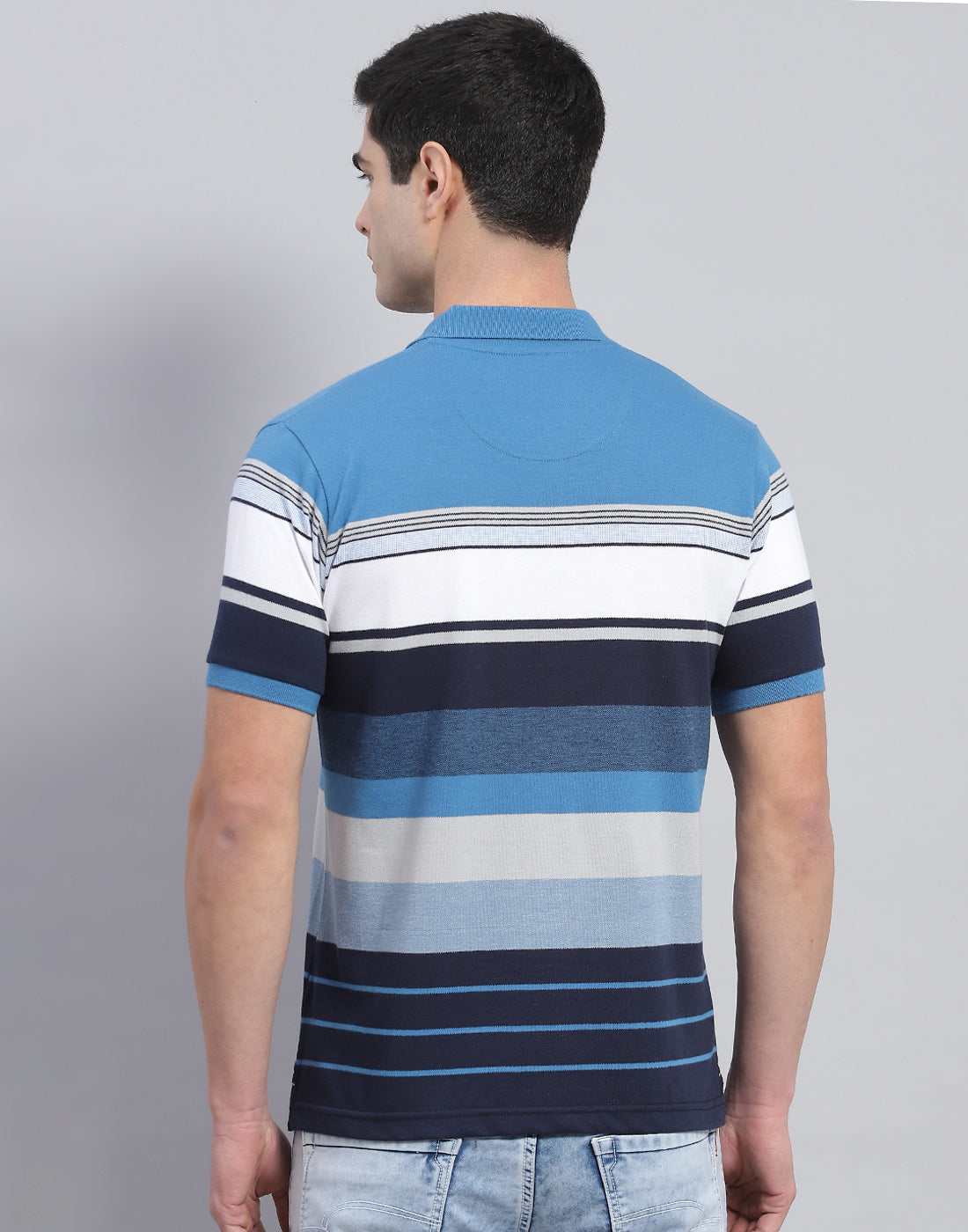 Men Blue Stripe Polo Collar Half Sleeve T-Shirt