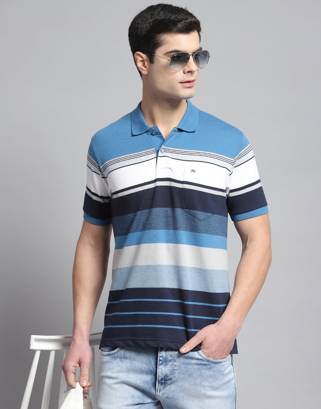 Men Blue Stripe Polo Collar Half Sleeve T-Shirt