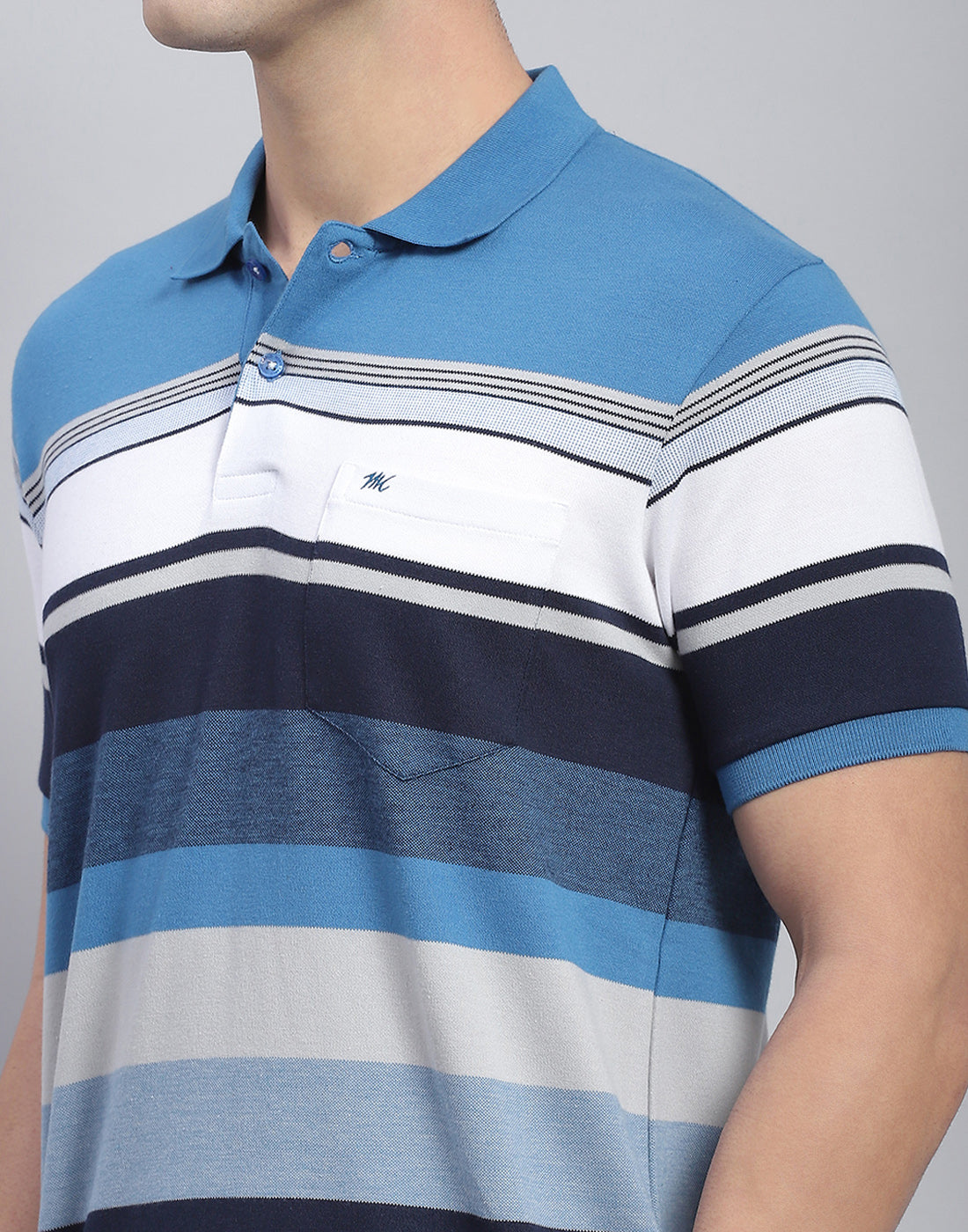 Men Blue Stripe Polo Collar Half Sleeve T-Shirt