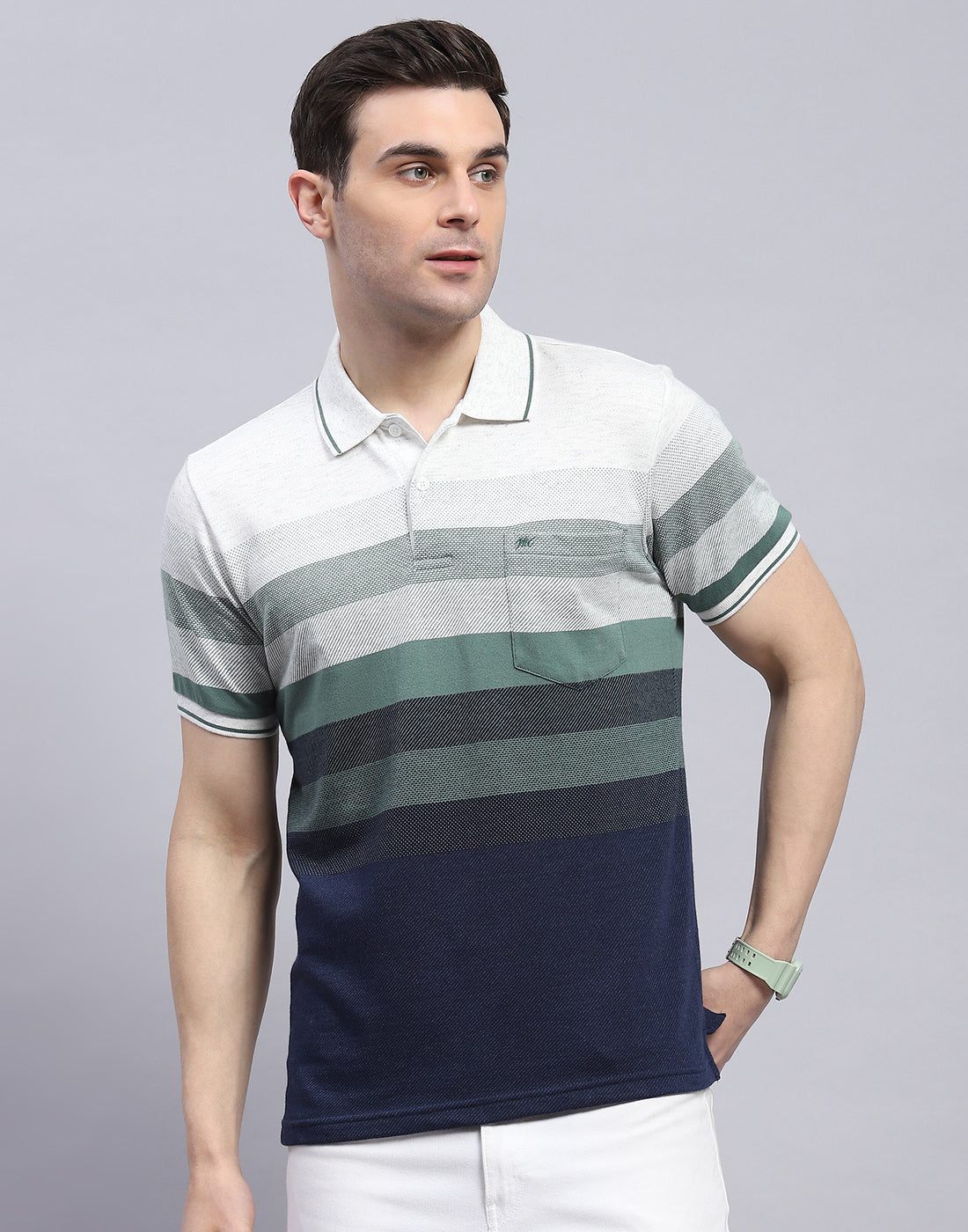 Men Green Stripe Polo Collar Half Sleeve T-Shirt