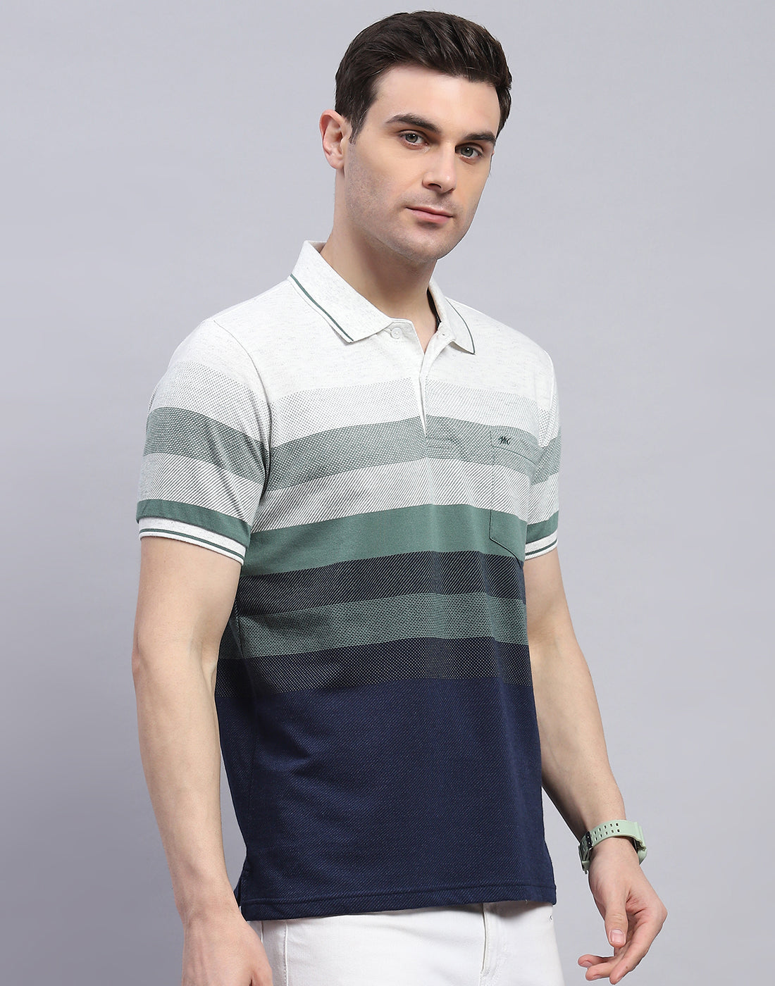 Men Green Stripe Polo Collar Half Sleeve T-Shirt