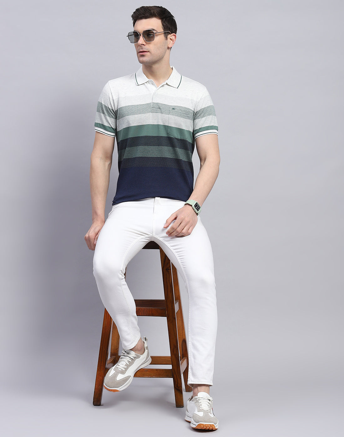 Men Green Stripe Polo Collar Half Sleeve T-Shirt