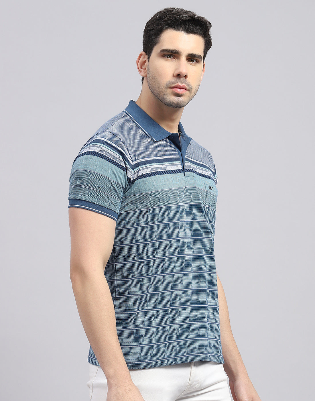 Men Blue Stripe Polo Collar Half Sleeve T-Shirt