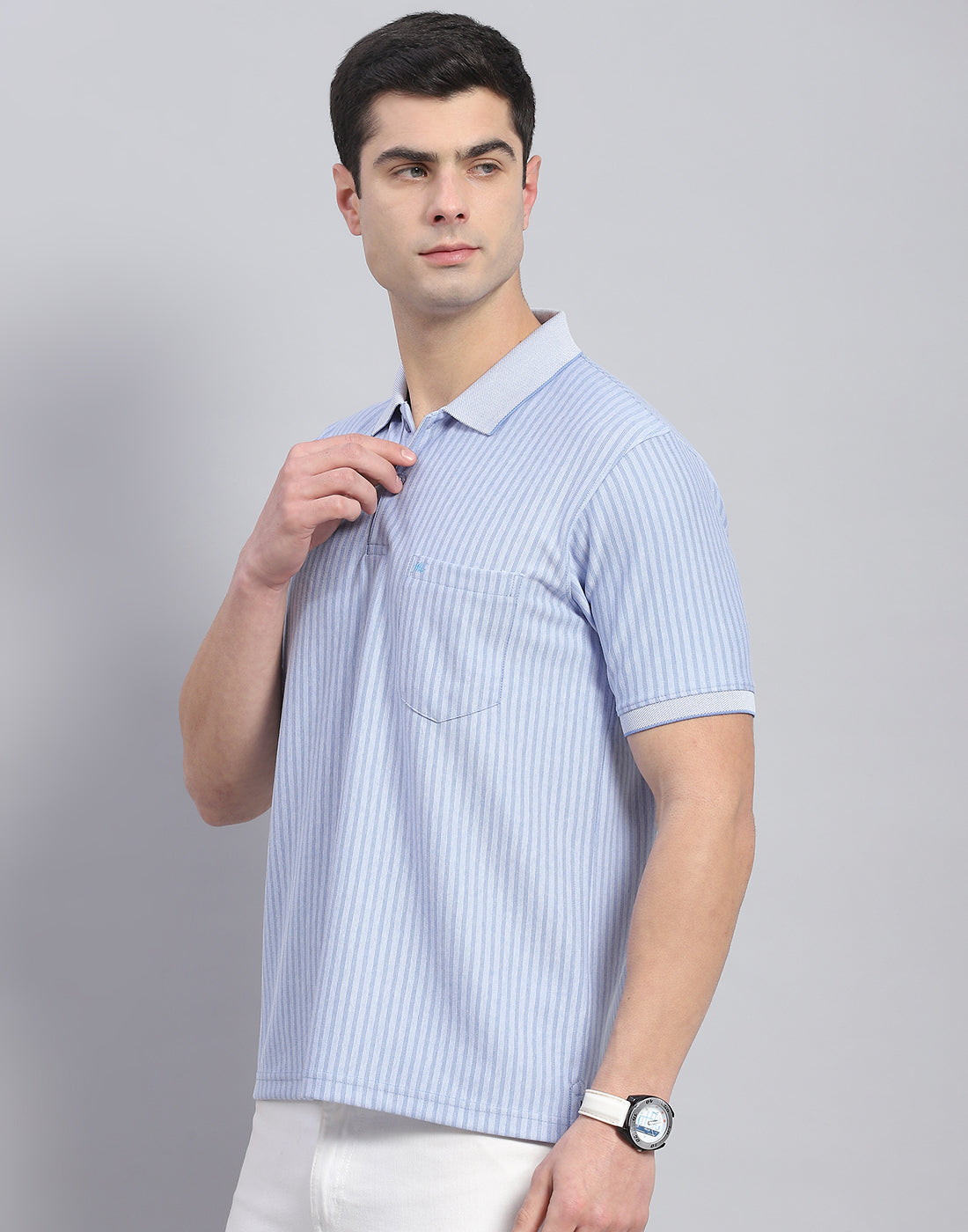 Men Blue Stripe Polo Collar Half Sleeve T-Shirt