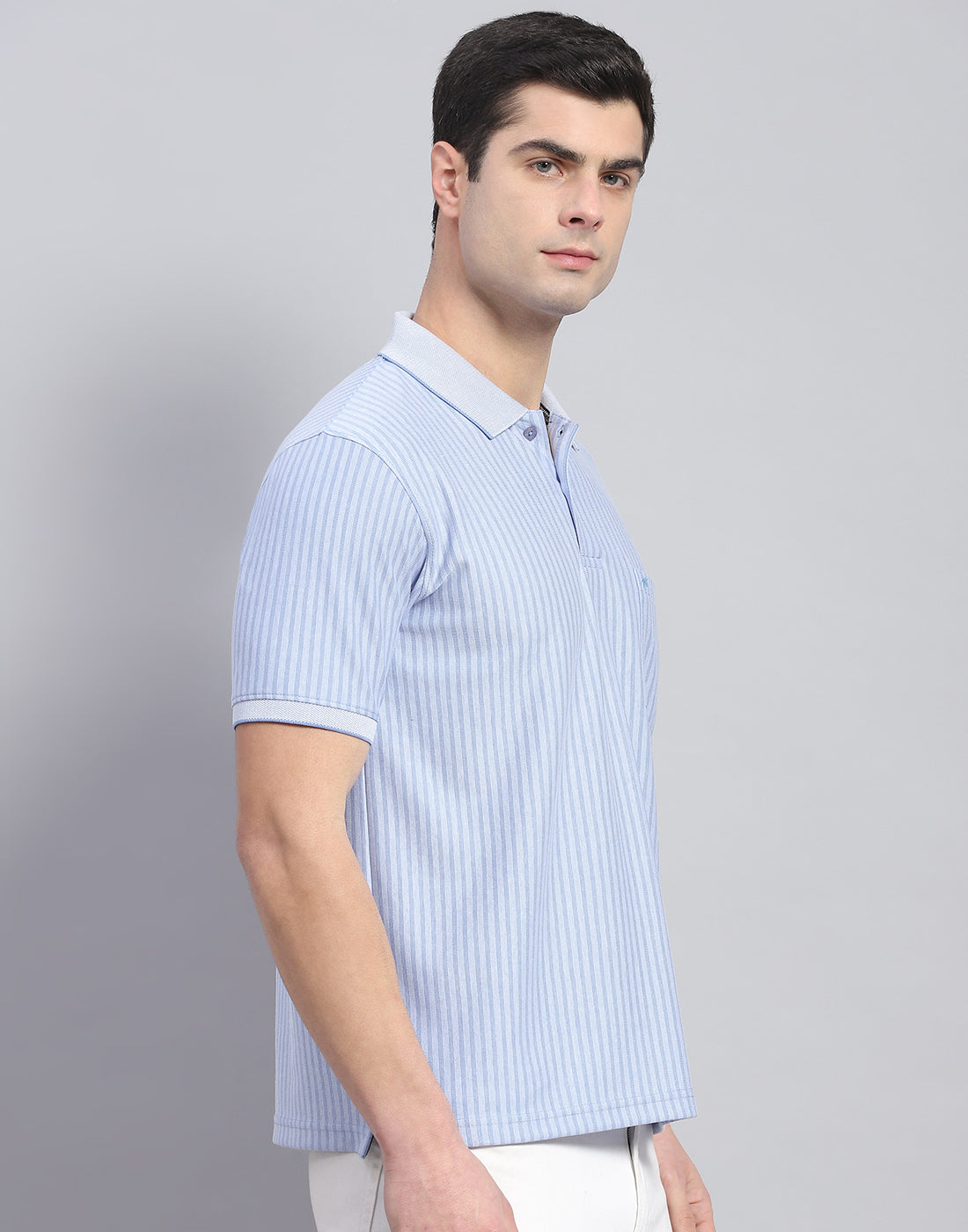 Men Blue Stripe Polo Collar Half Sleeve T-Shirt