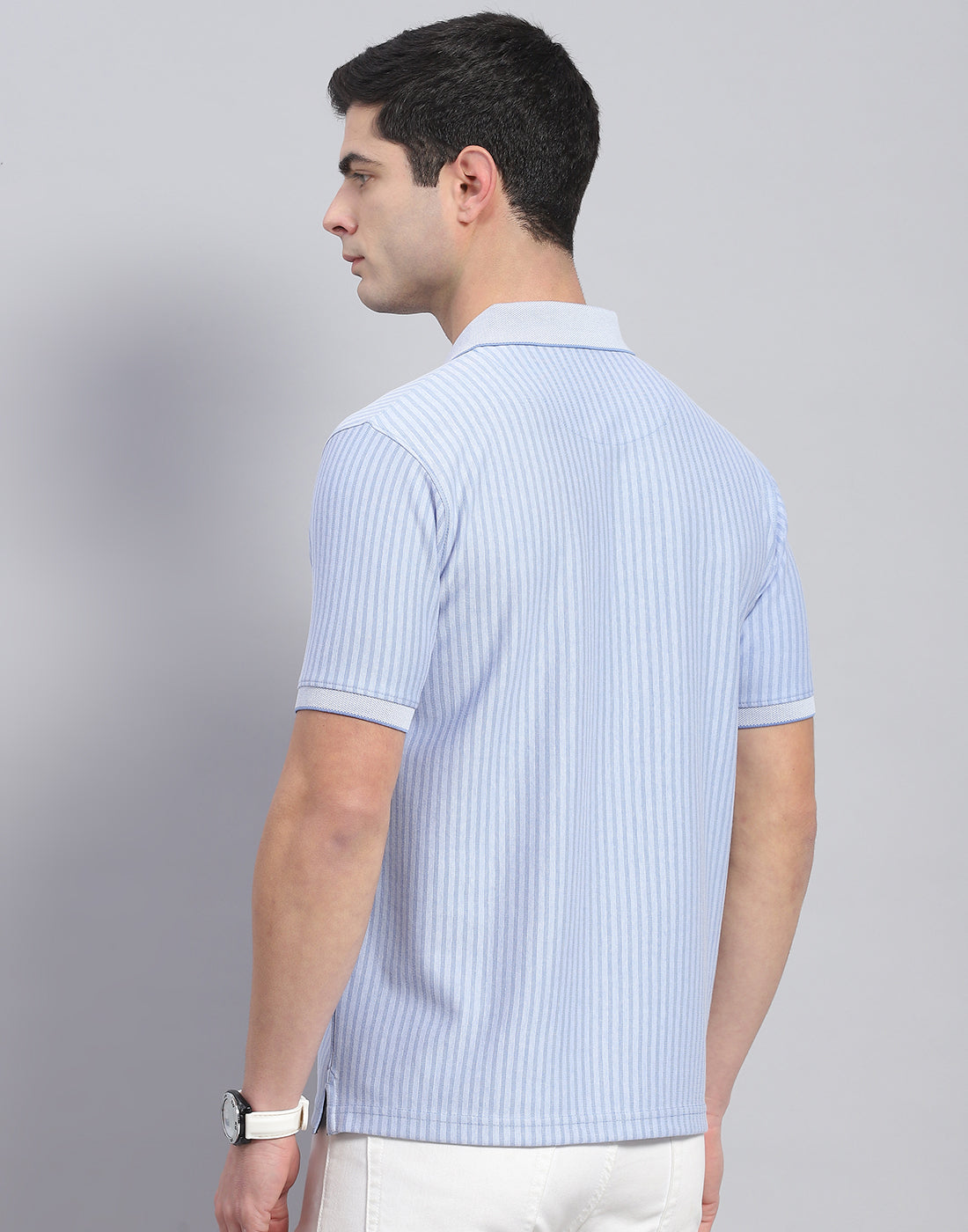 Men Blue Stripe Polo Collar Half Sleeve T-Shirt