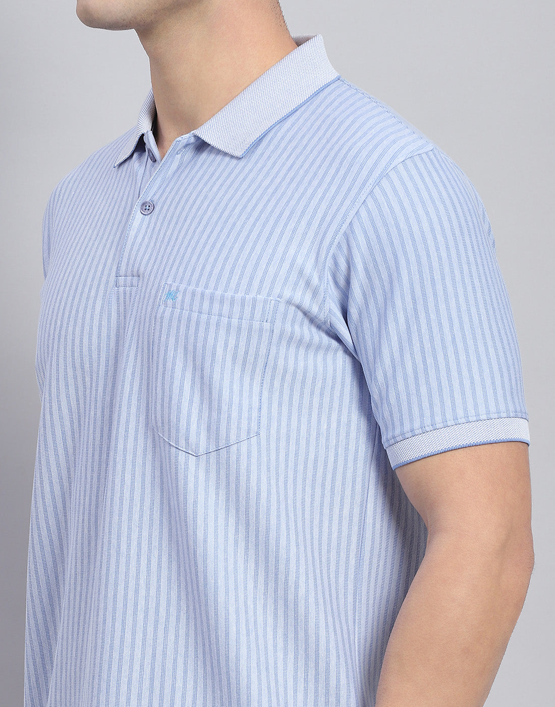 Men Blue Stripe Polo Collar Half Sleeve T-Shirt