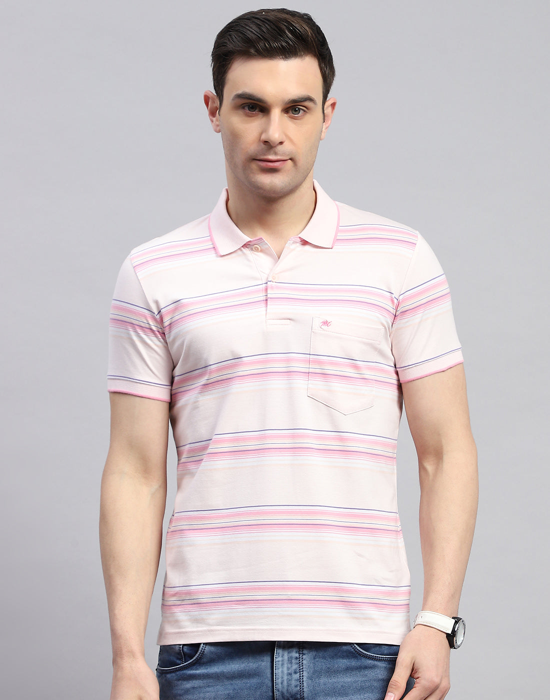 Men Pink Stripe Polo Collar Half Sleeve T-Shirt