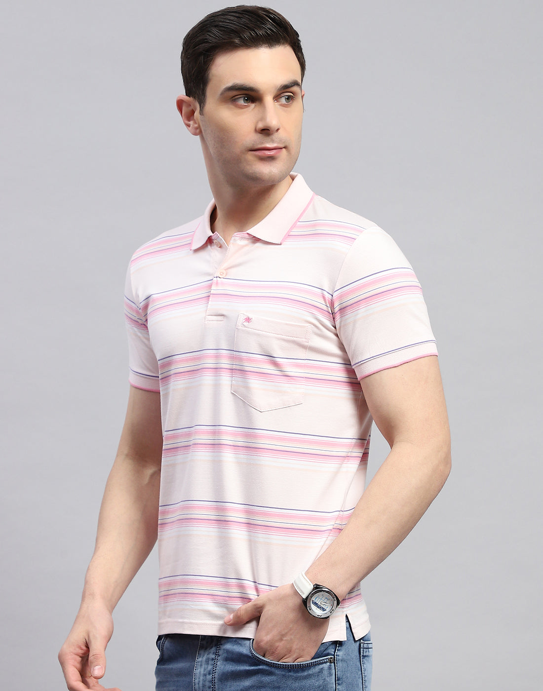 Men Pink Stripe Polo Collar Half Sleeve T-Shirt