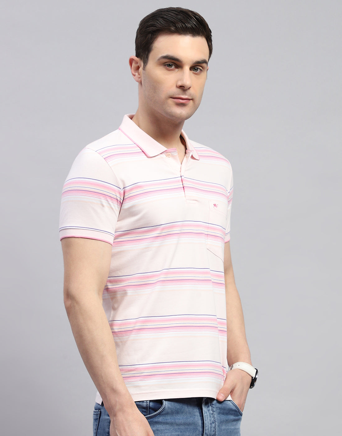 Men Pink Stripe Polo Collar Half Sleeve T-Shirt