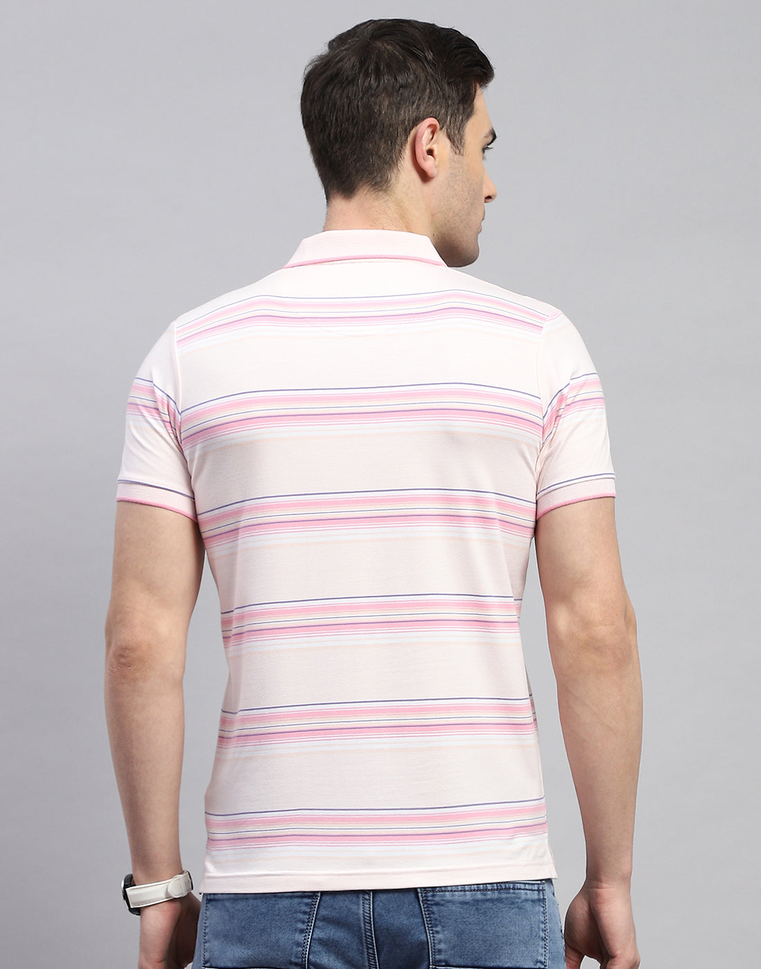 Men Pink Stripe Polo Collar Half Sleeve T-Shirt