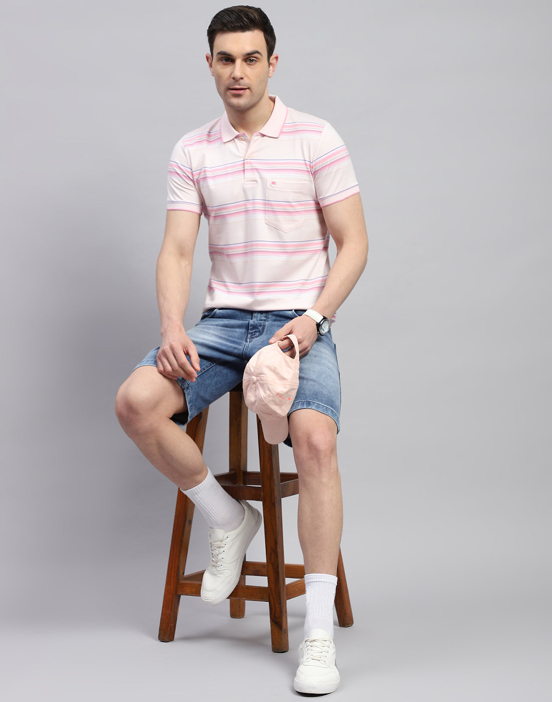 Men Pink Stripe Polo Collar Half Sleeve T-Shirt