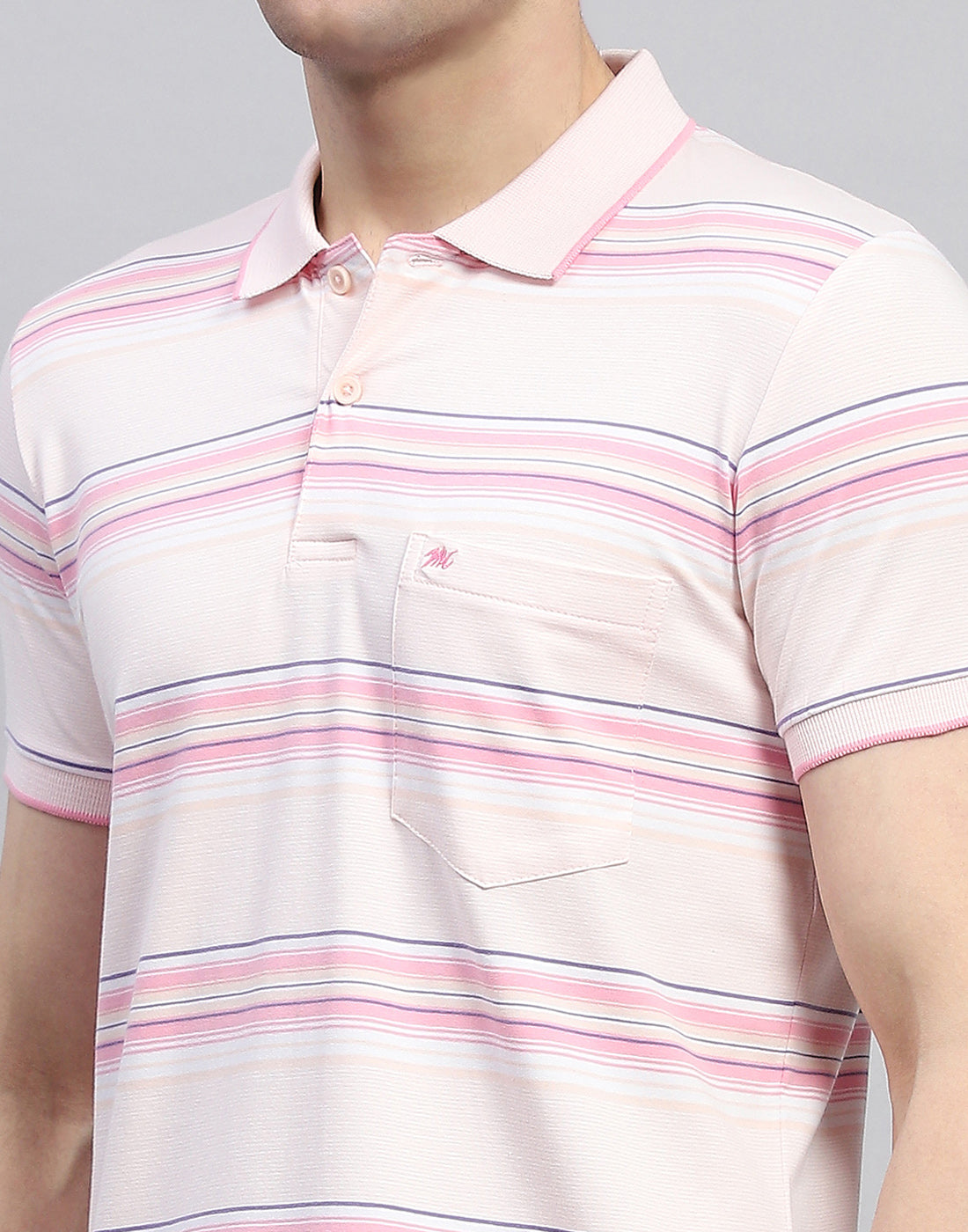 Men Pink Stripe Polo Collar Half Sleeve T-Shirt