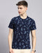 Men Navy Blue Printed Round Neck Half Sleeve T-Shirt