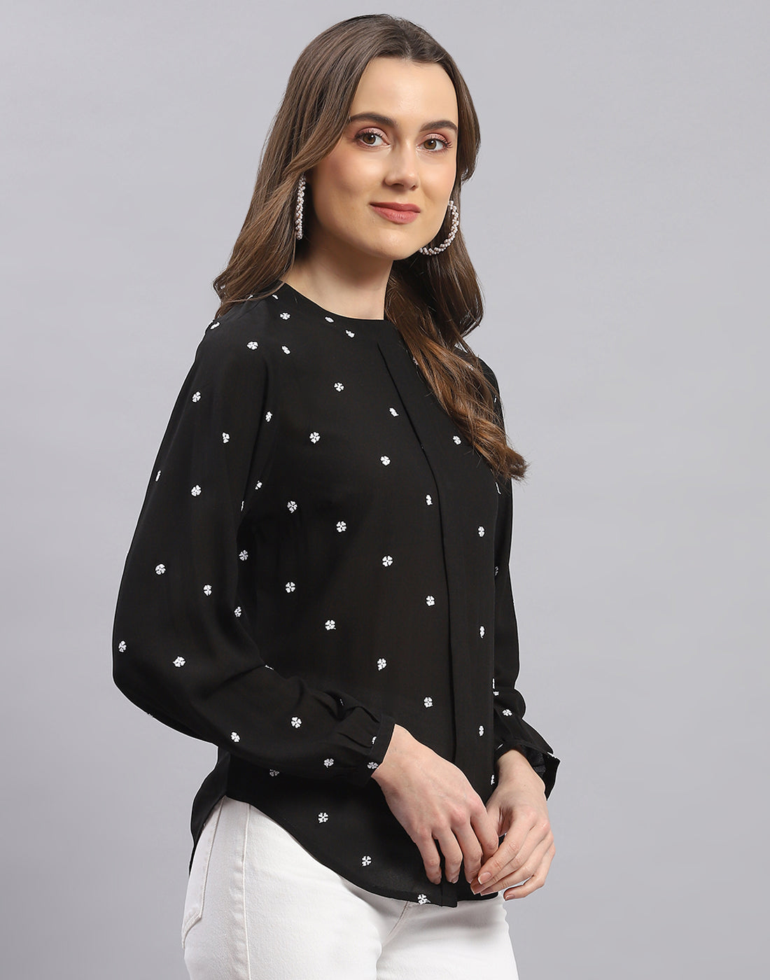 Women Black Embroidered Round Neck Full Sleeve Top