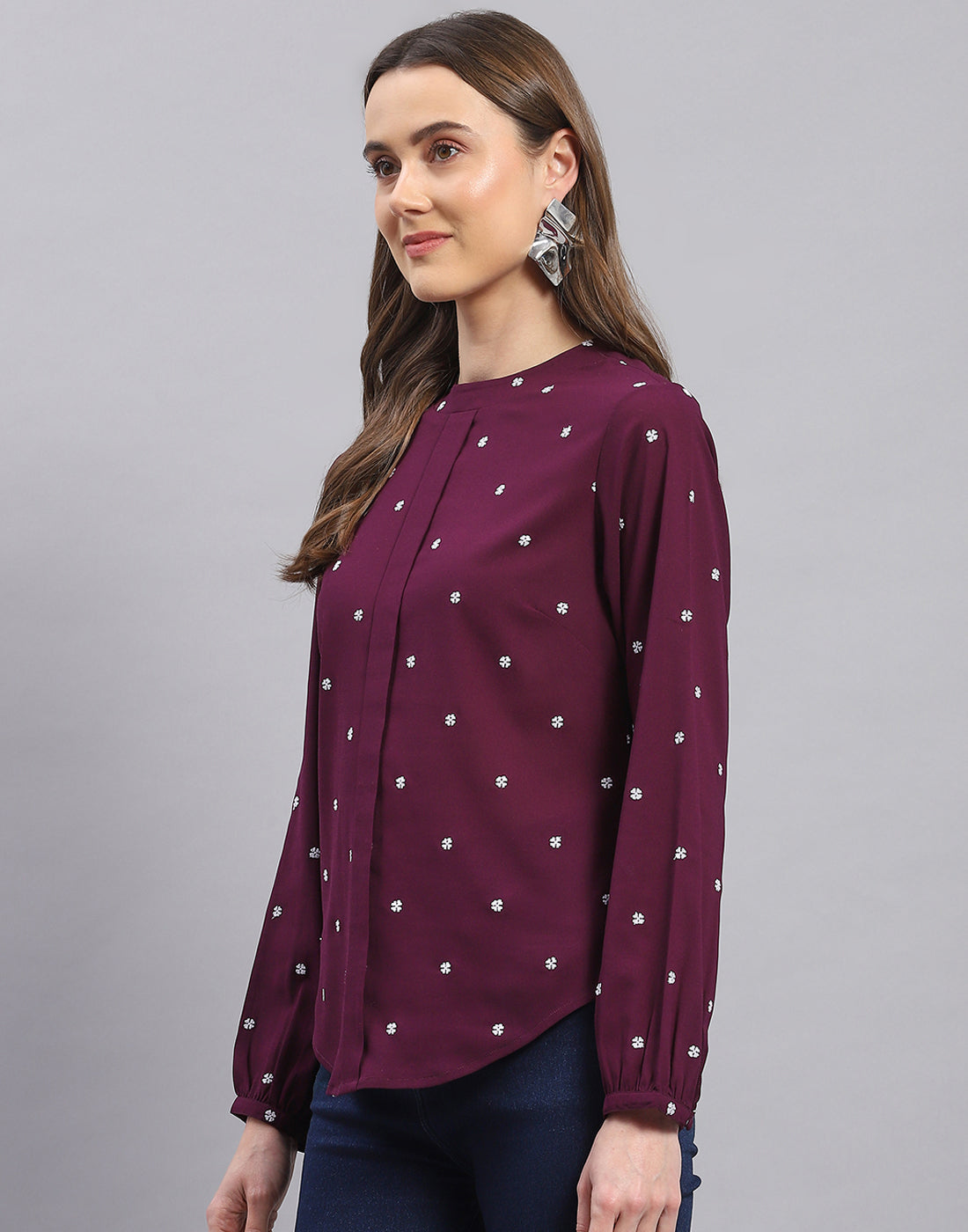 Women Purple Embroidered Round Neck Full Sleeve Top