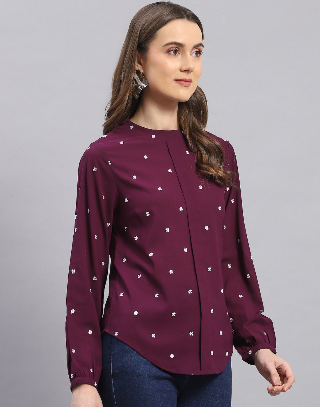 Women Purple Embroidered Round Neck Full Sleeve Top