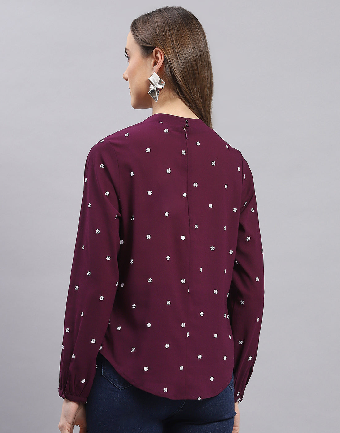 Women Purple Embroidered Round Neck Full Sleeve Top