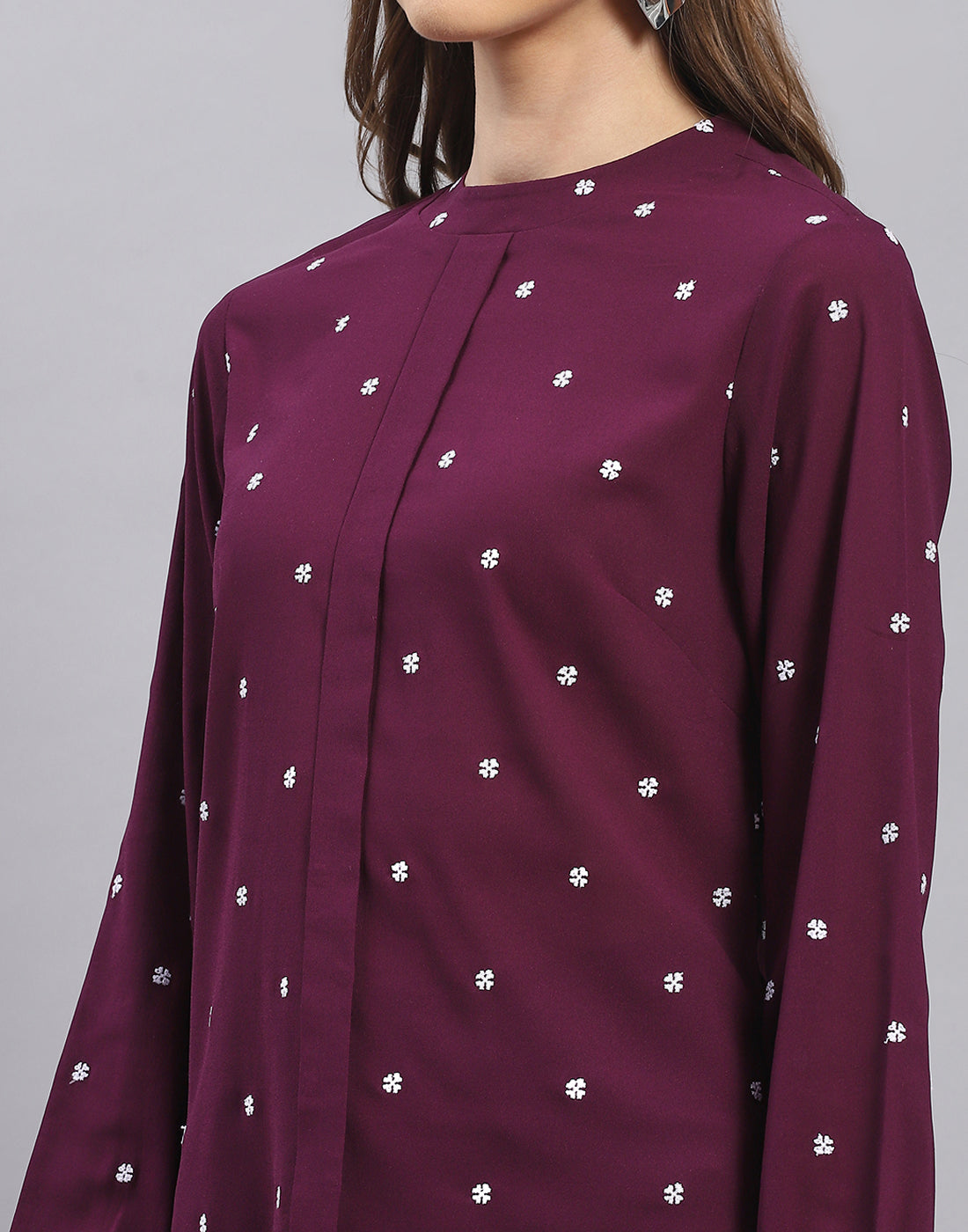 Women Purple Embroidered Round Neck Full Sleeve Top