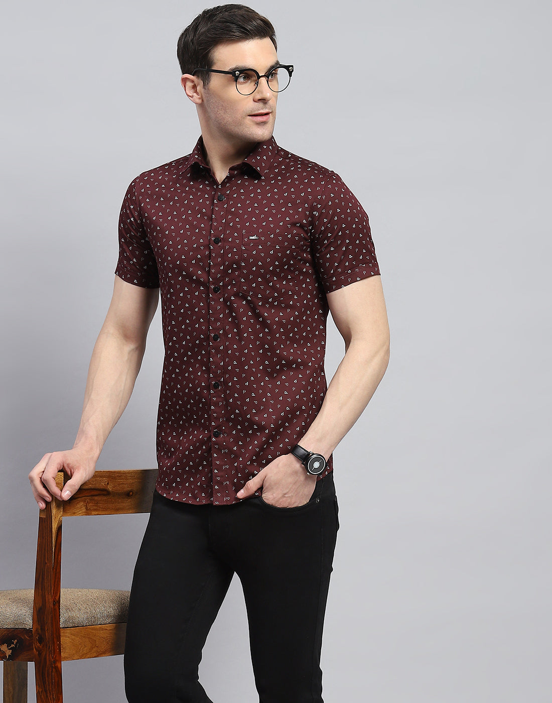 Men Maroon Printed Spread Collar Half Sleeve Shirt