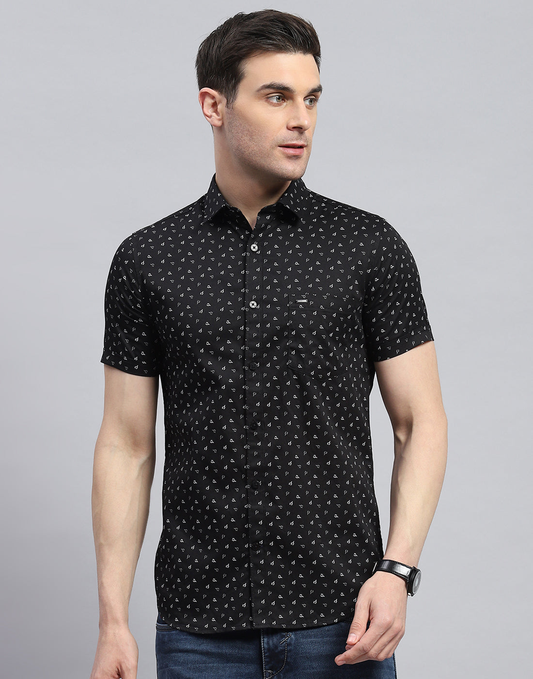 Men Black Printed Spread Collar Half Sleeve Shirt