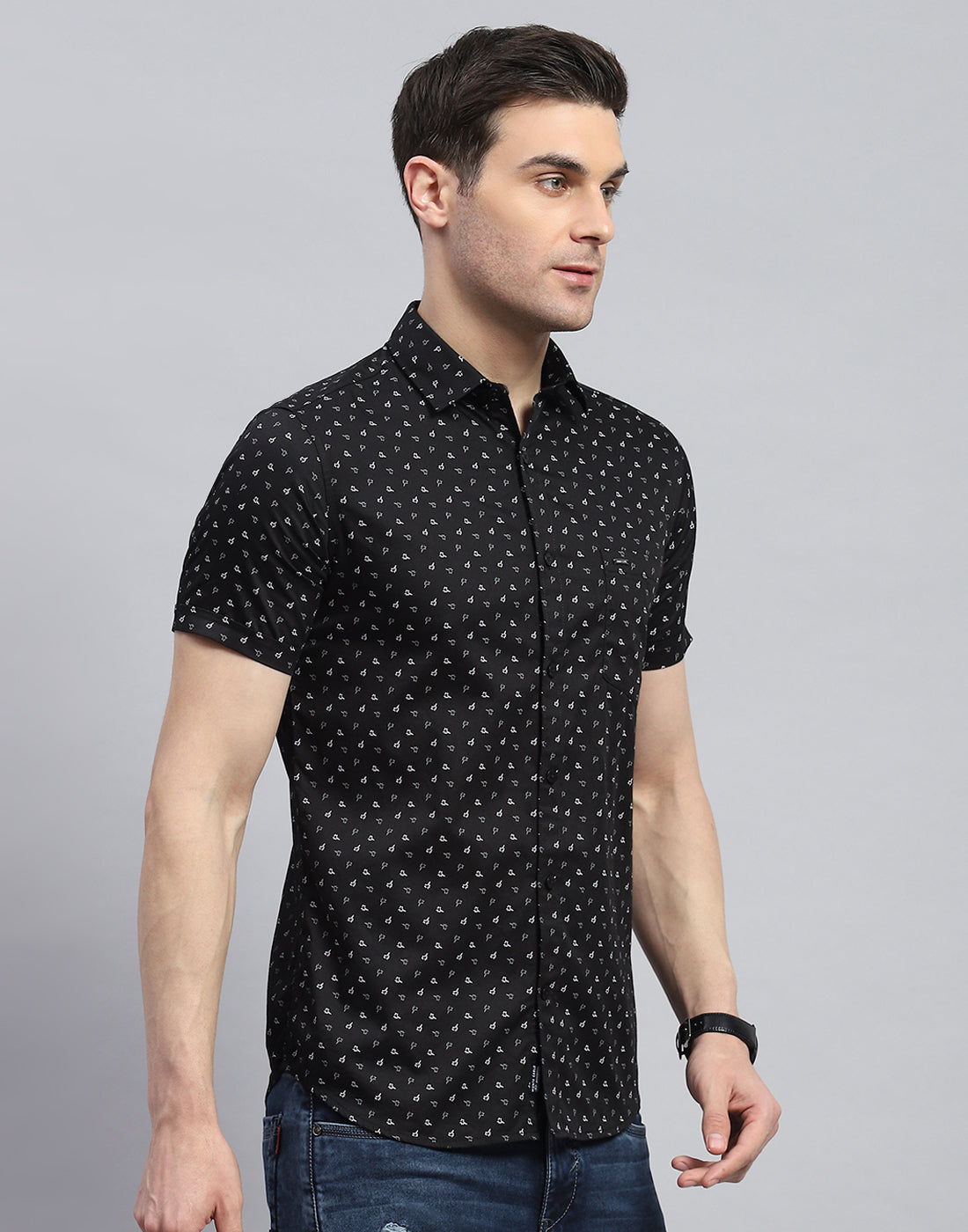 Men Black Printed Spread Collar Half Sleeve Shirt