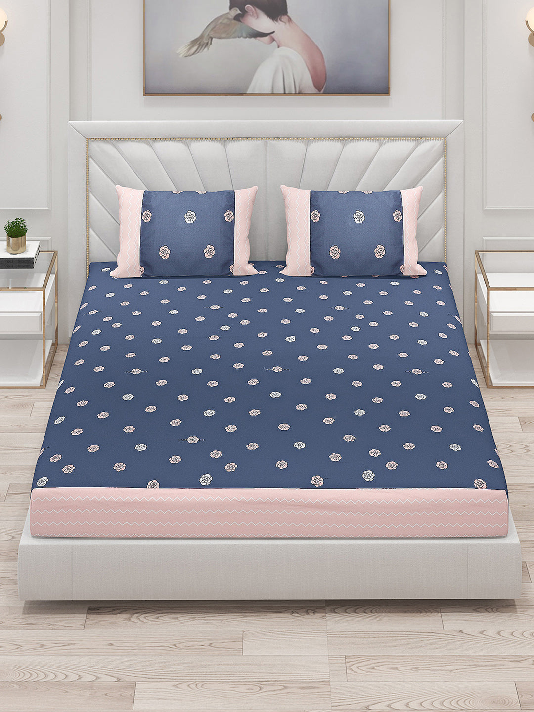 130 GSM Polyester Double Bed Bedsheet with 2 Pillow Covers