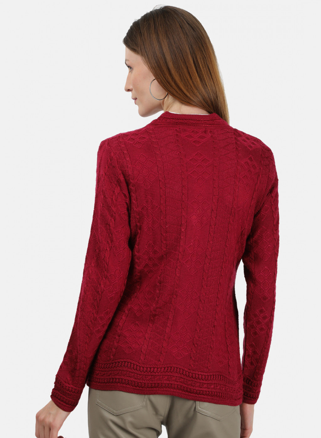 Women Red Self Cardigan