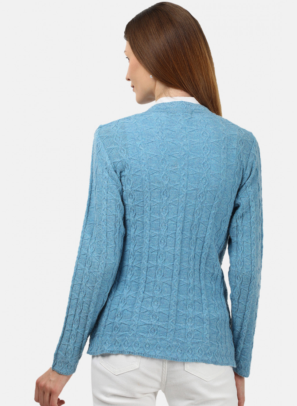 Women Blue Self Design Cardigan