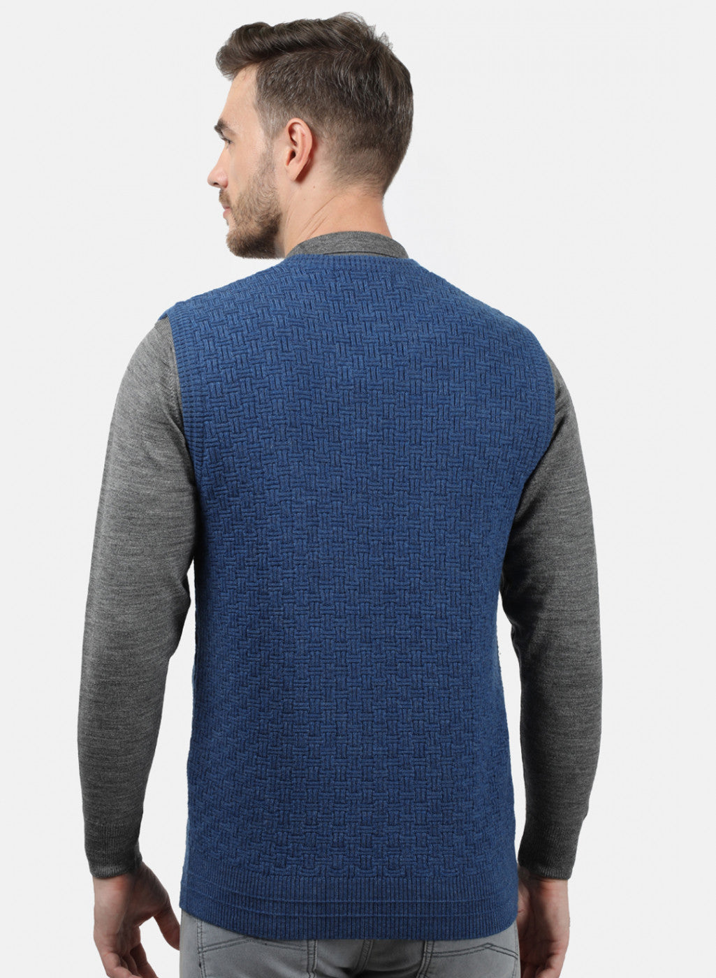 Men Blue Self Sweater