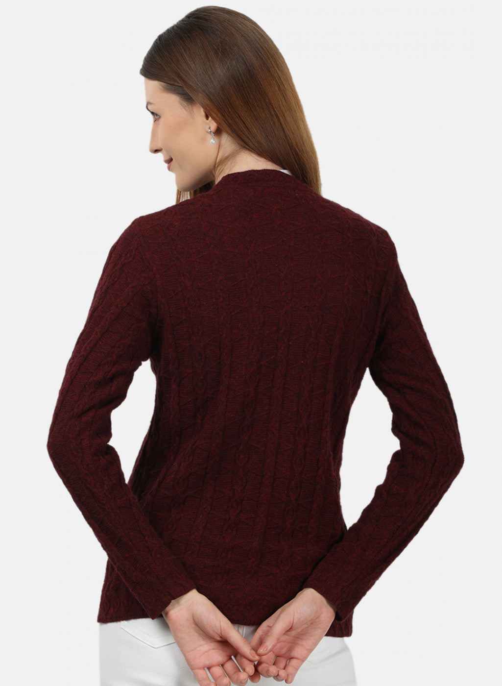 Women Maroon Self Design Cardigan