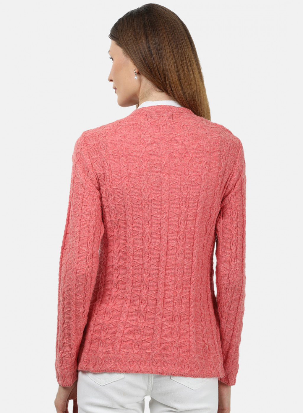 Women Light Red Self Design Cardigan