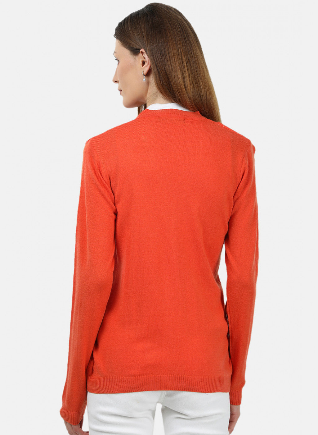 Women Orange Self Design Cardigan