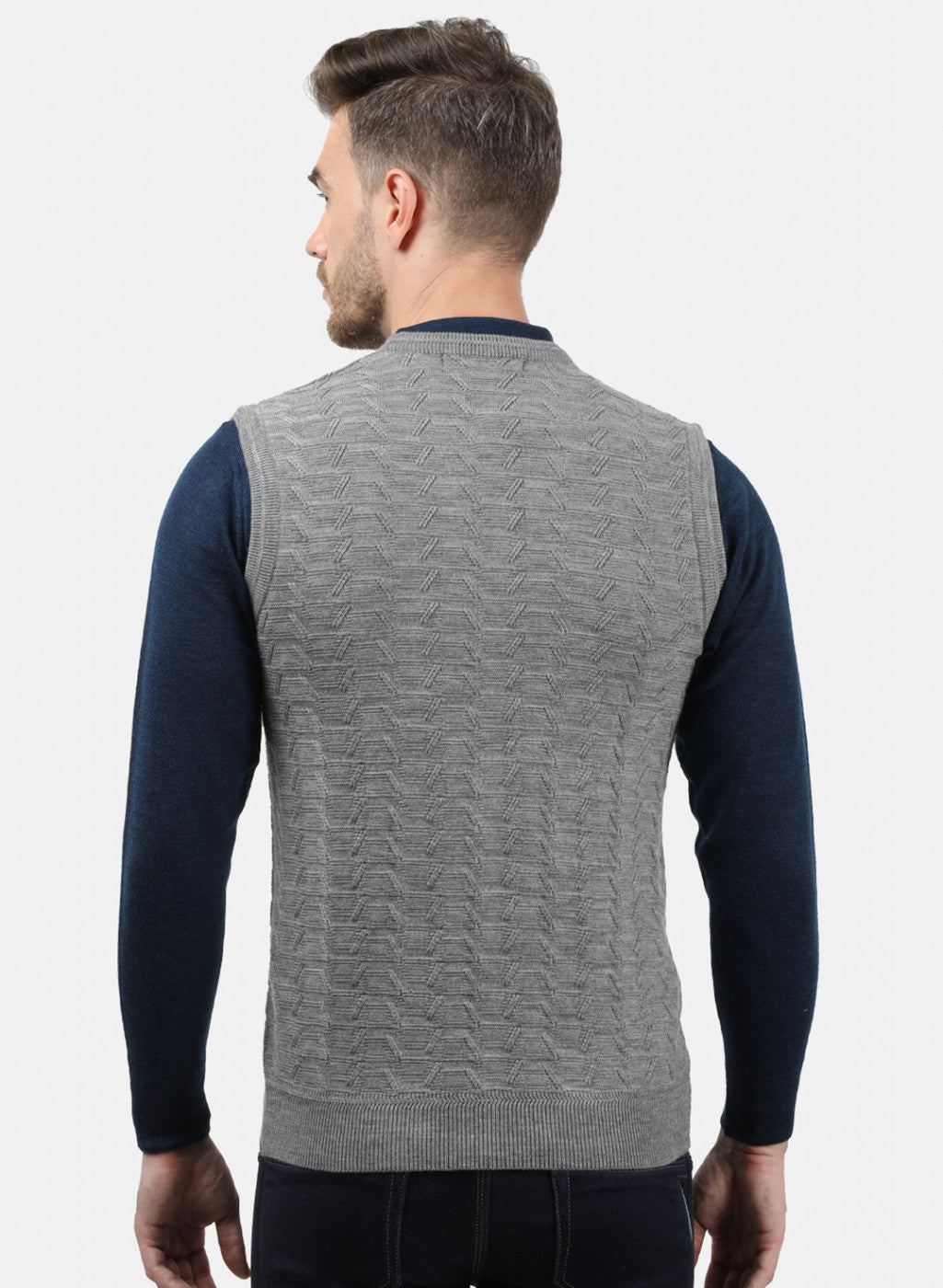 Men Grey Self Sweater