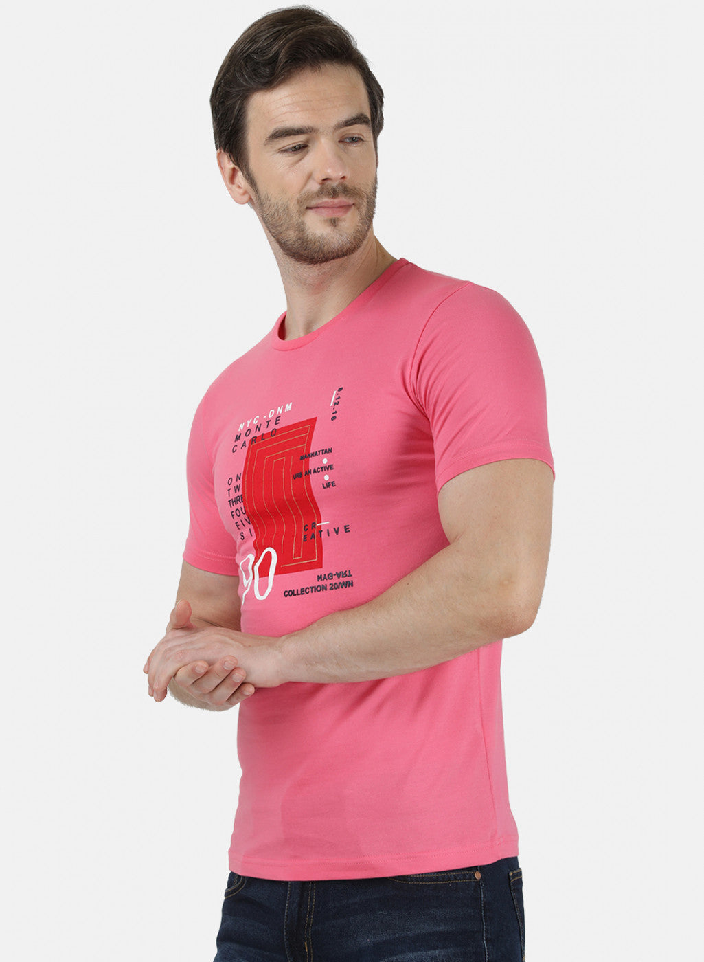 Mens Pink & Sea Green Printed T-Shirt