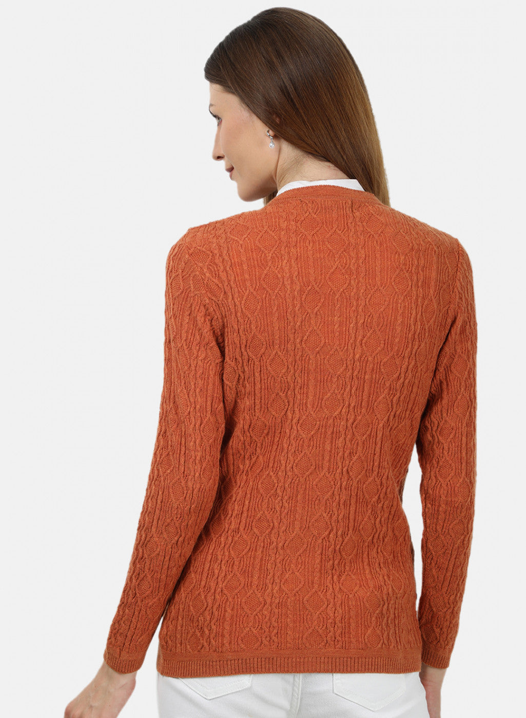 Women Orange Self Design Cardigan