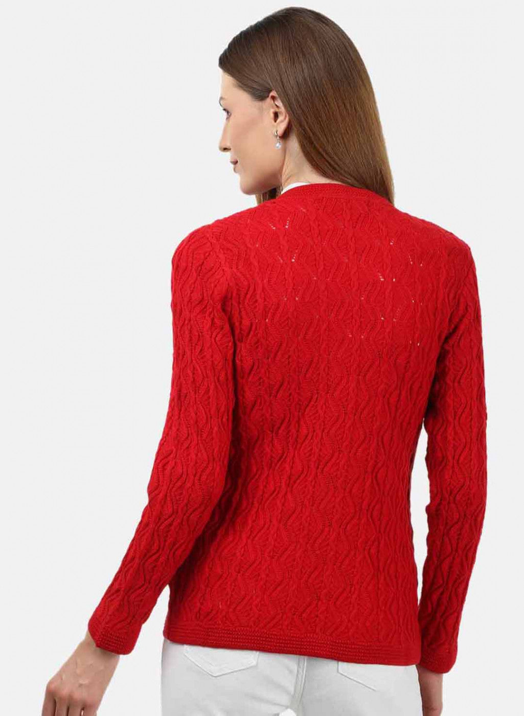 Women Red Self Design Cardigan