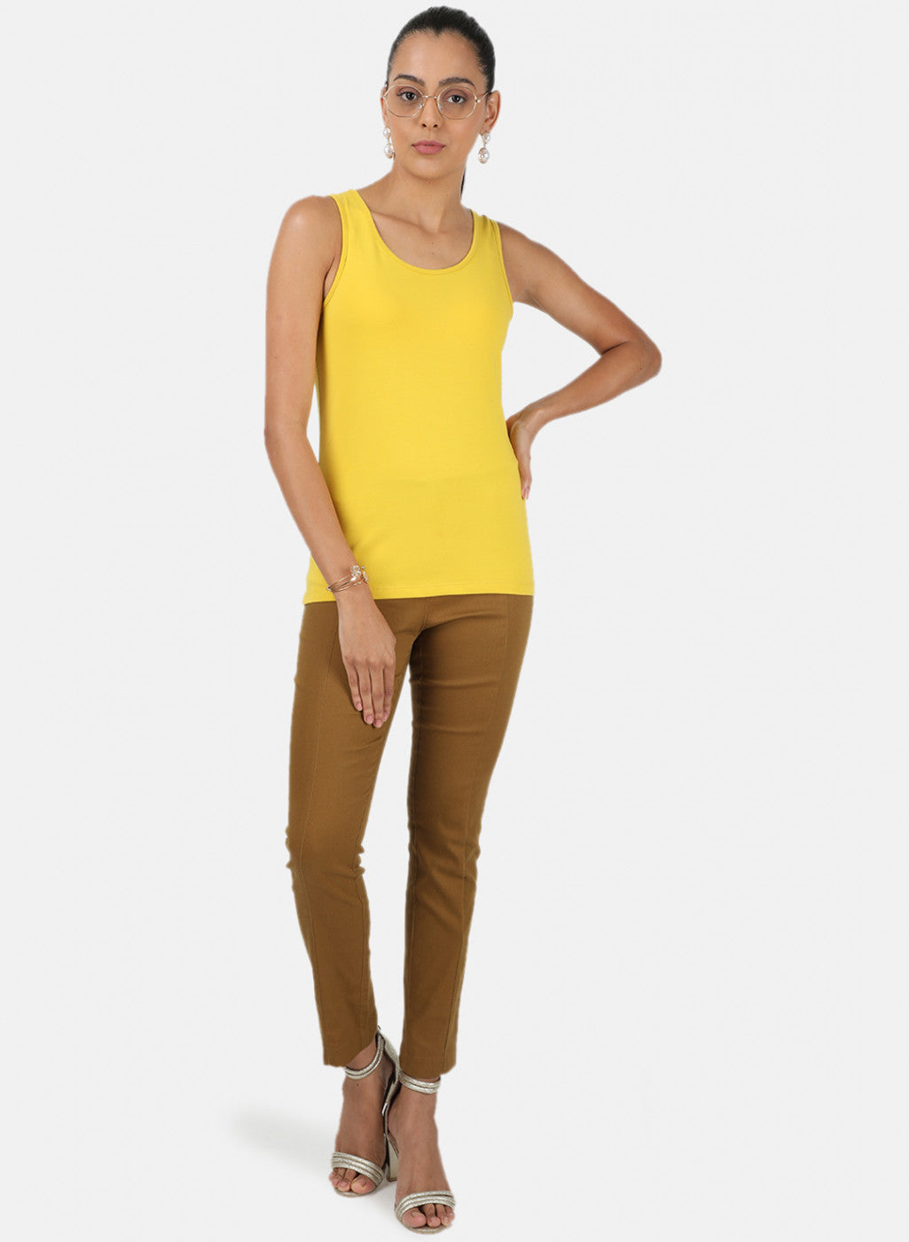 Womens Yellow Plain Spaghetti