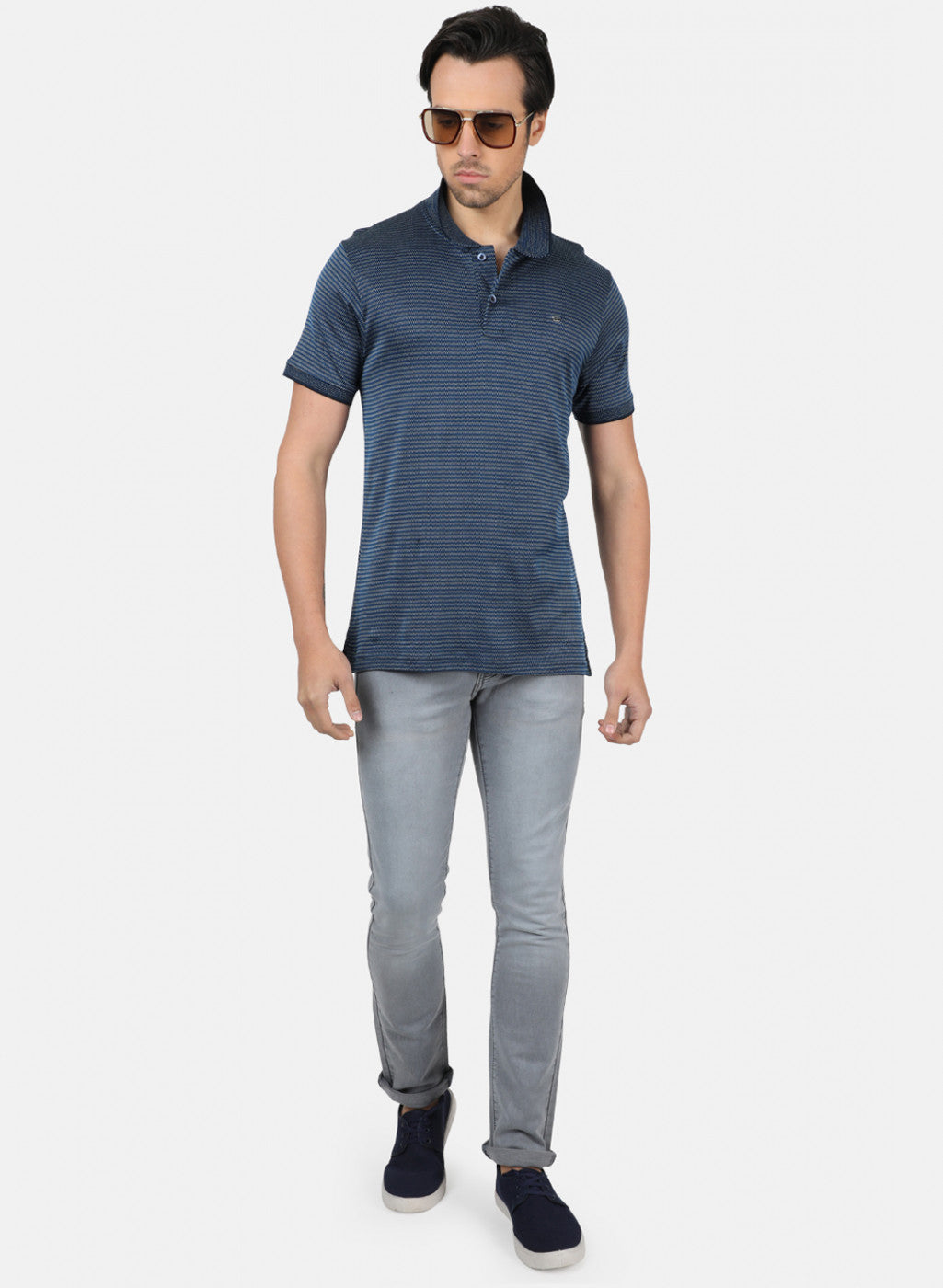 Men Navy Blue jacquard T-Shirts