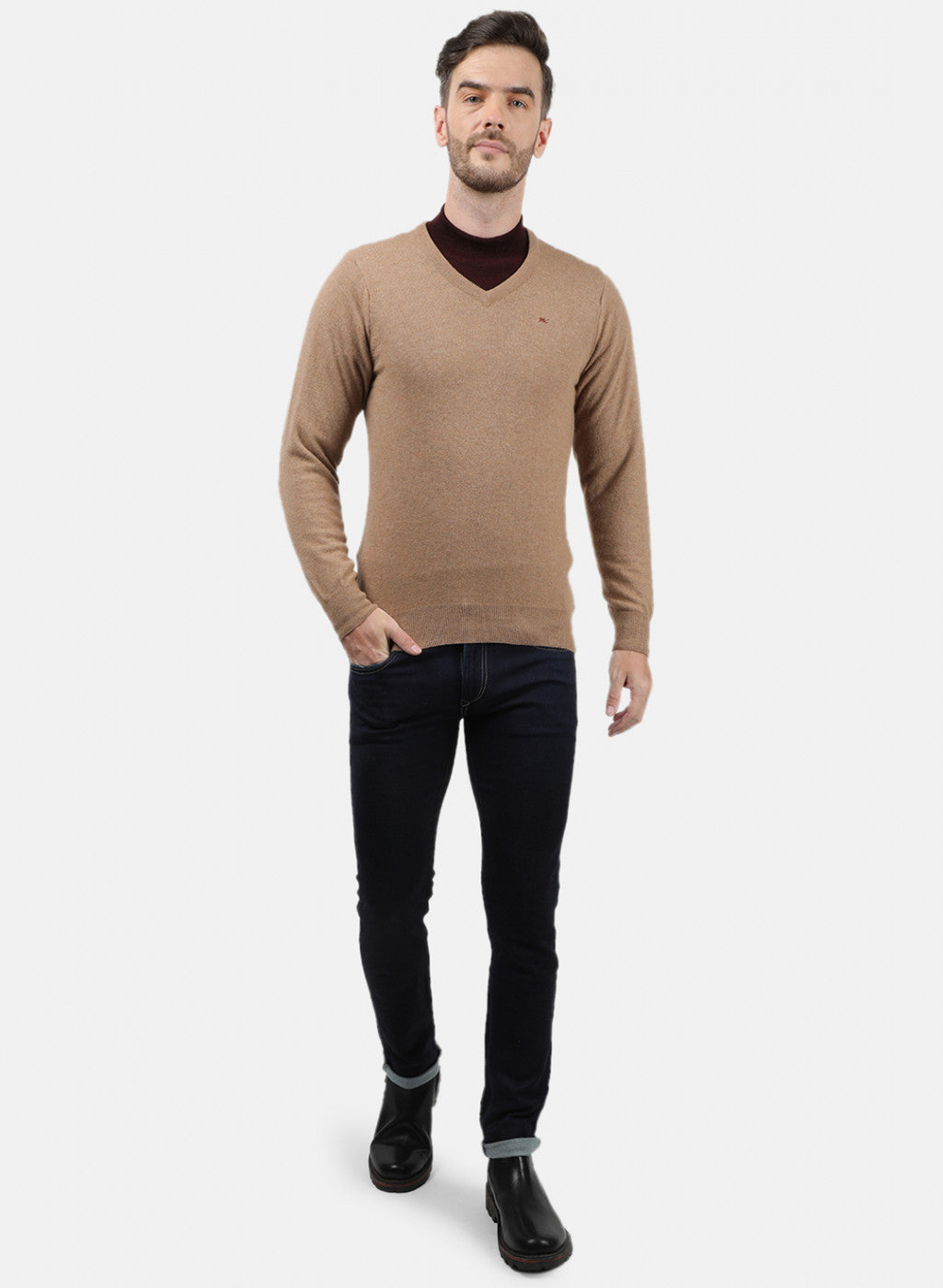 Men Beige Solid Pullover