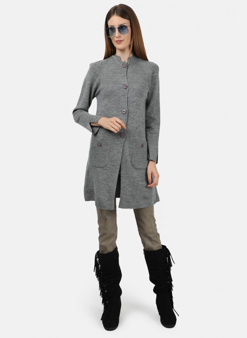 Women Grey Self Design Cardigan