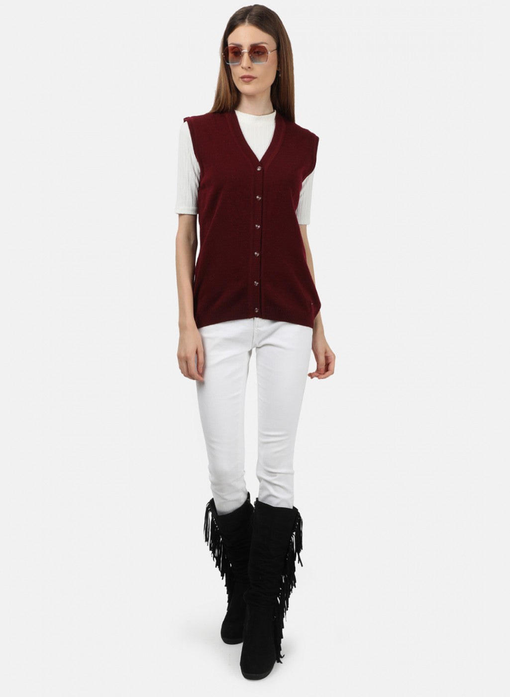 Women Maroon Solid Cardigan