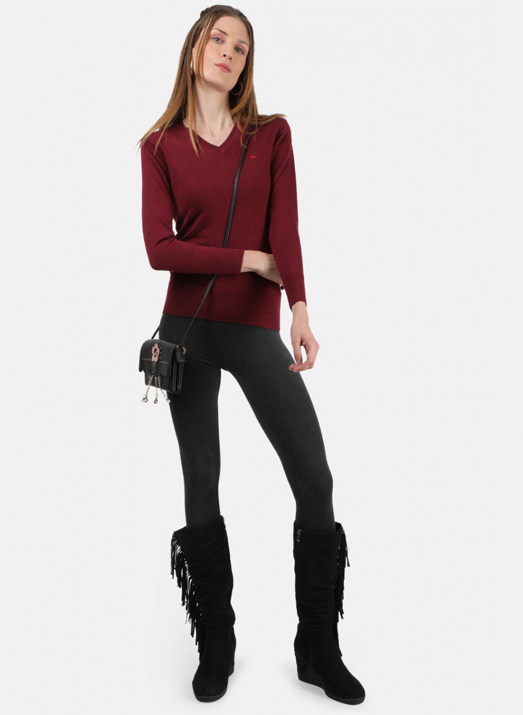 Women Maroon V Neck Top