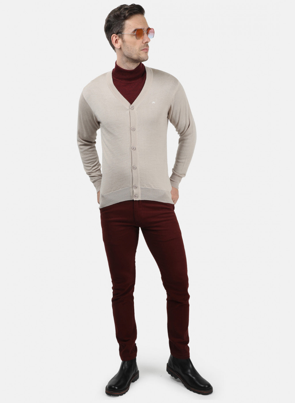 Men Beige Solid Cardigan