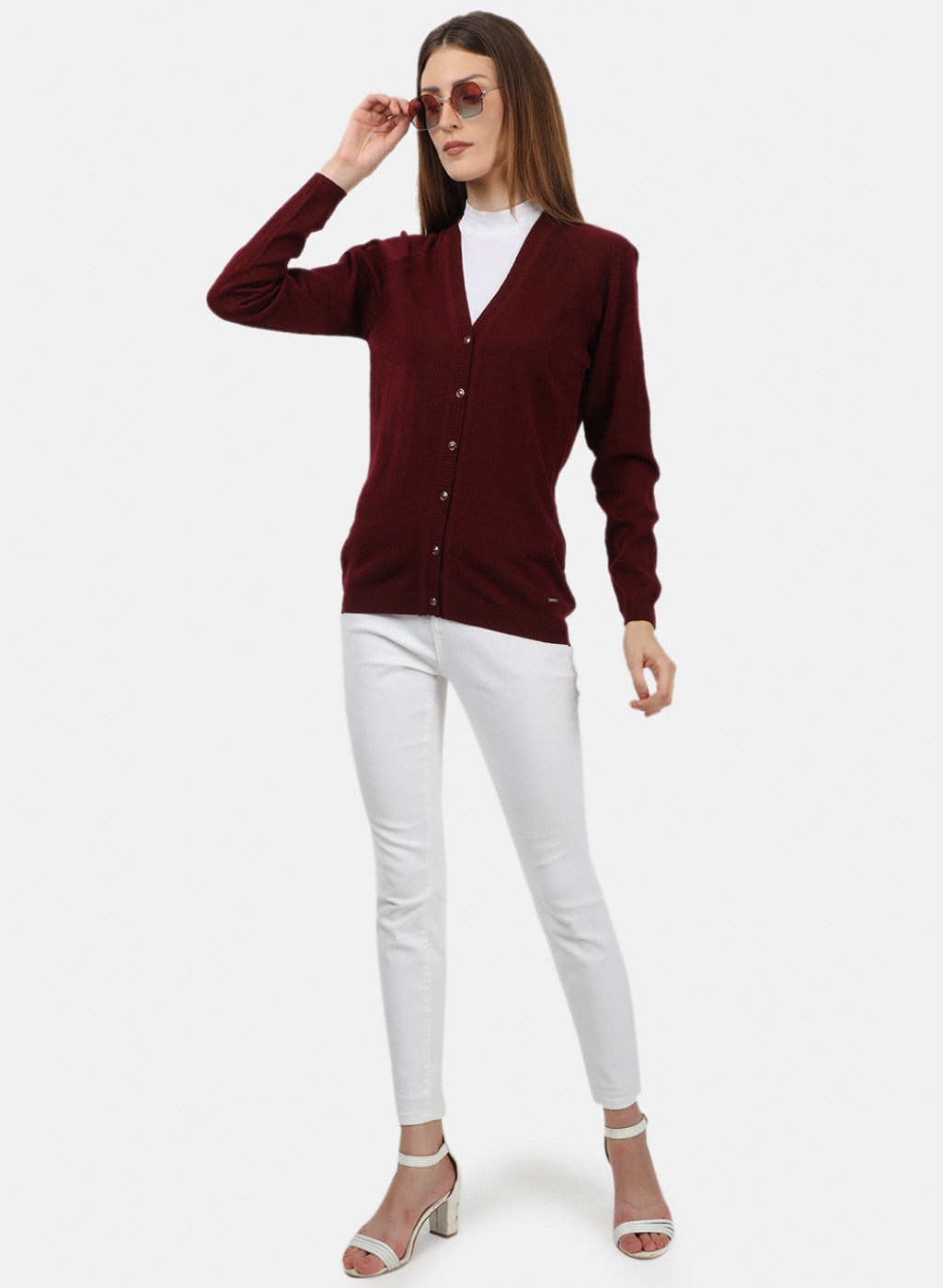 Women Maroon Solid Cardigan