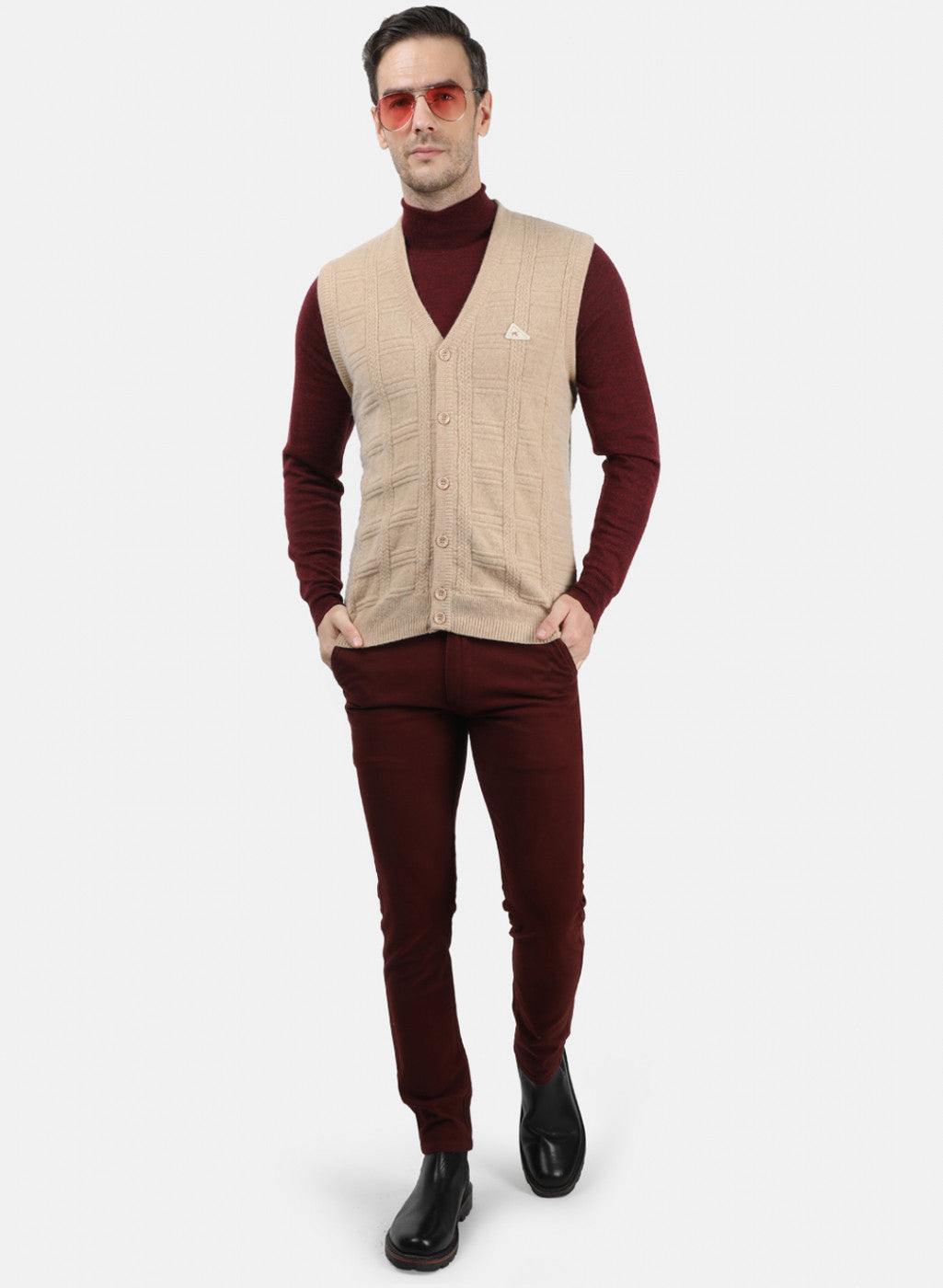 Men Beige Self Design Cardigan