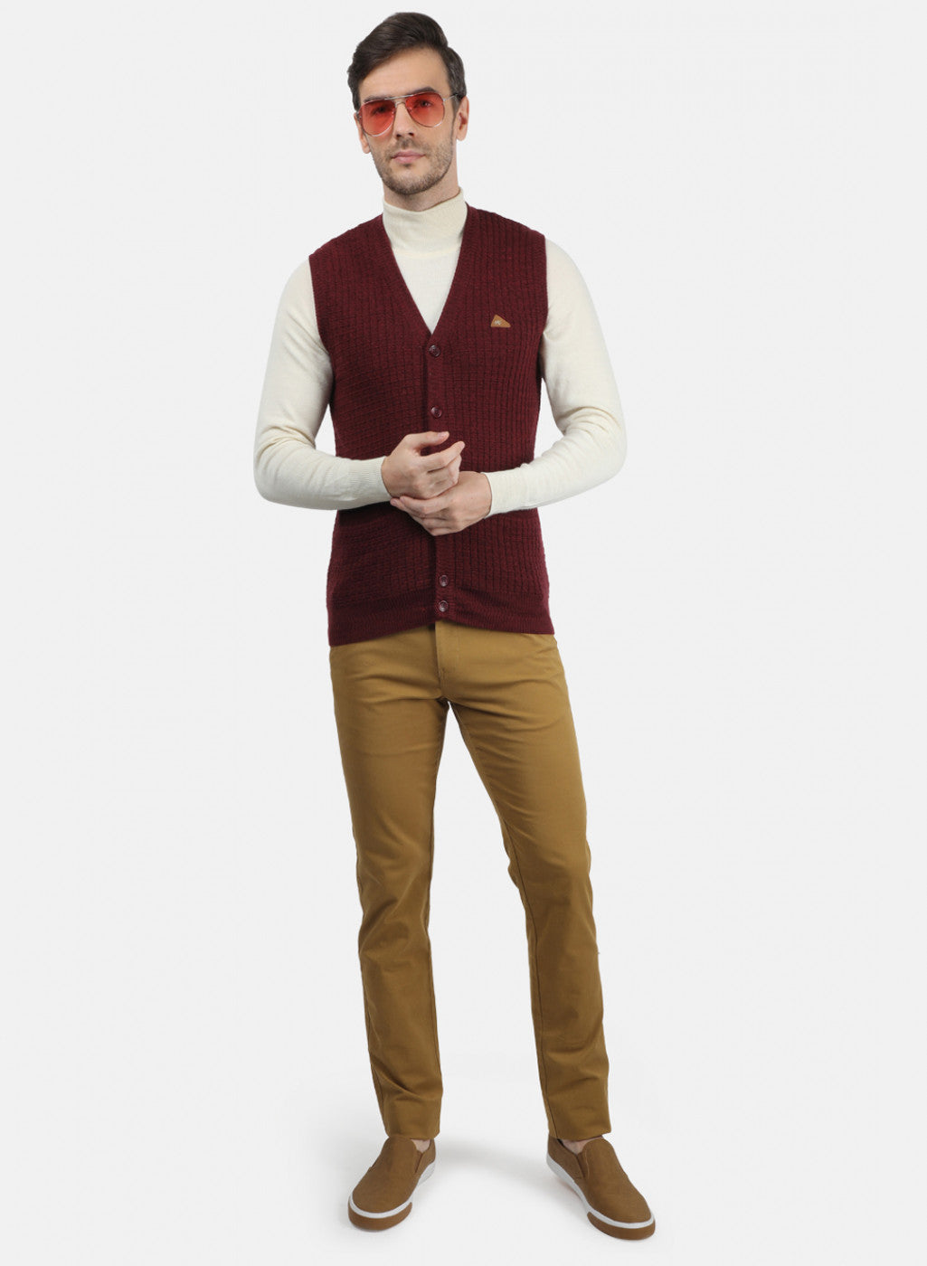 Men Maroon Self Design Cardigan